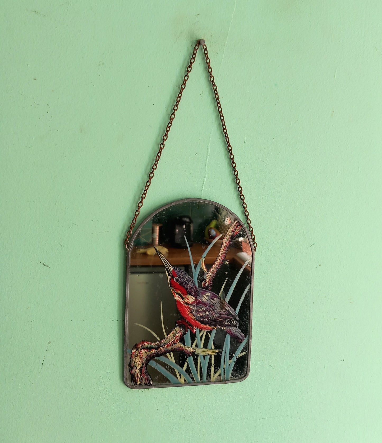 Vintage small arched wall mirror with bird design