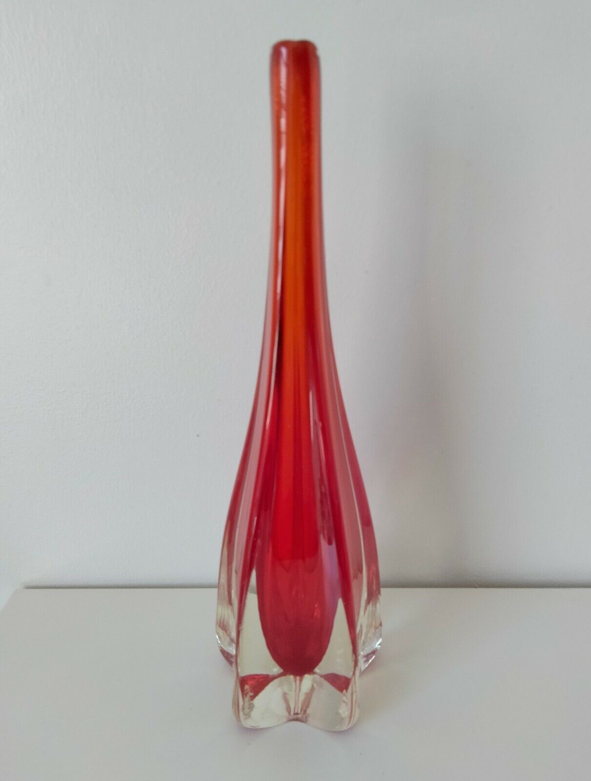 Mid Century Scandinavian star shaped red cased glass bud vase