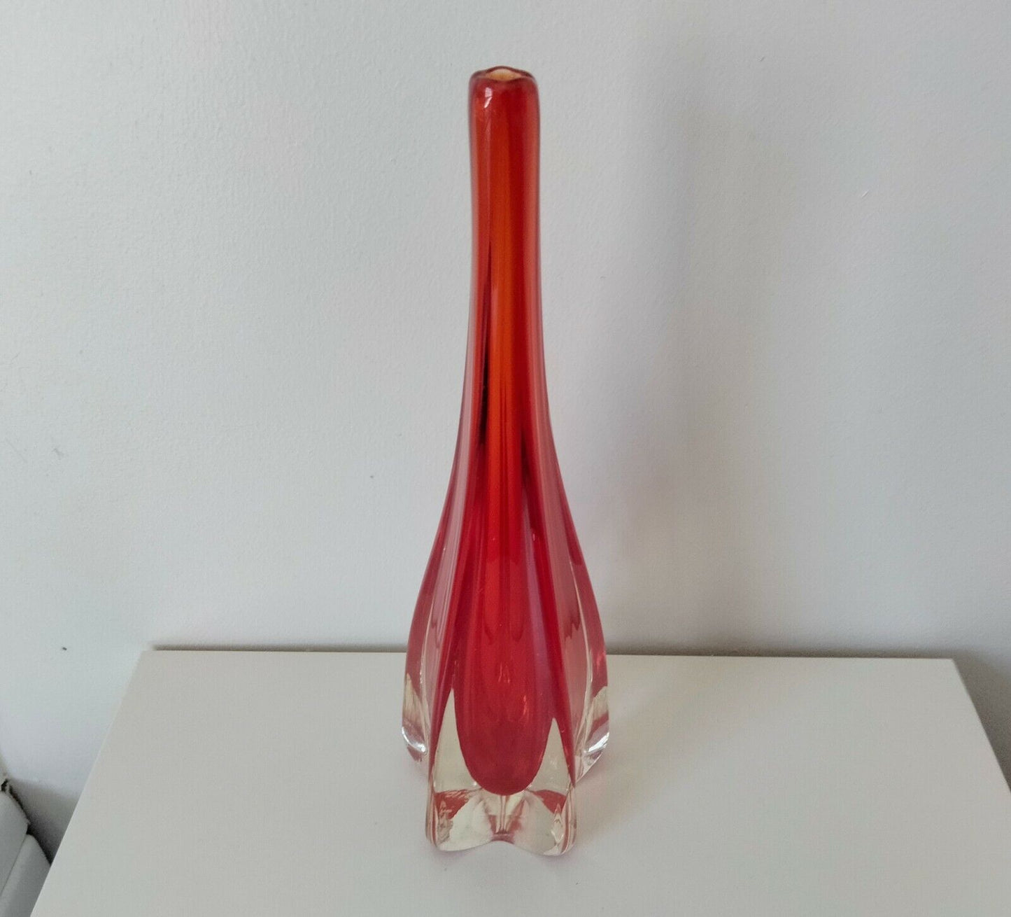 Mid Century Scandinavian star shaped red cased glass bud vase