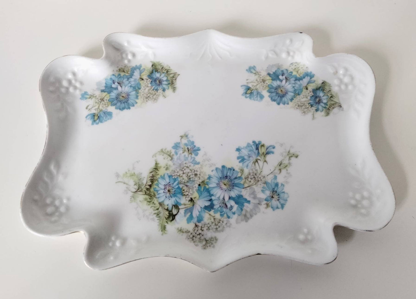 Art nouveau style china dressing table vanity tray with blue flowers