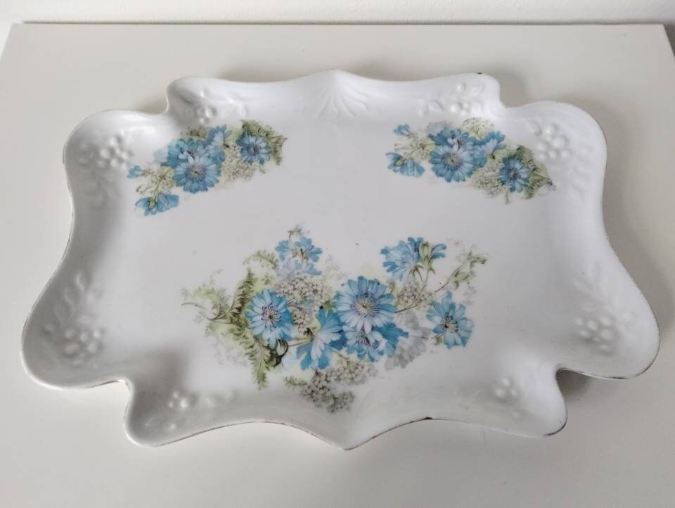 Art nouveau style china dressing table vanity tray with blue flowers
