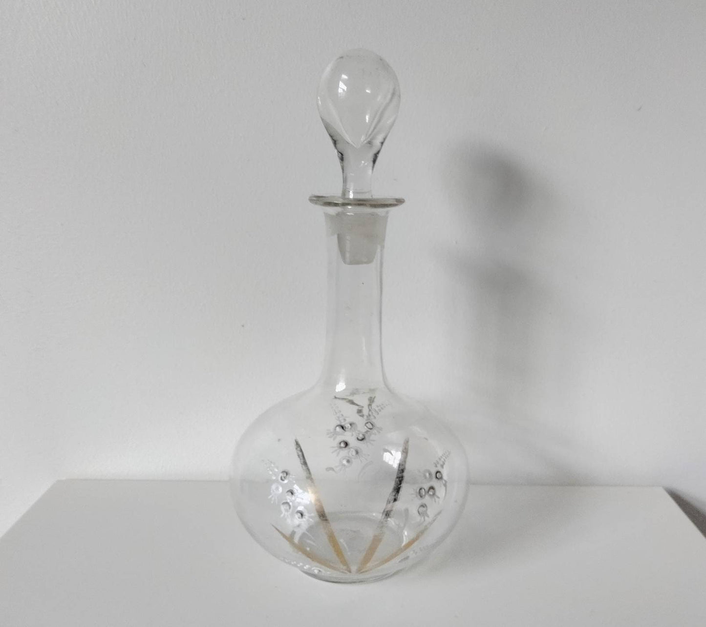 Edwardian hand blown Bohemian glass decanter with white & gold enamel decoration