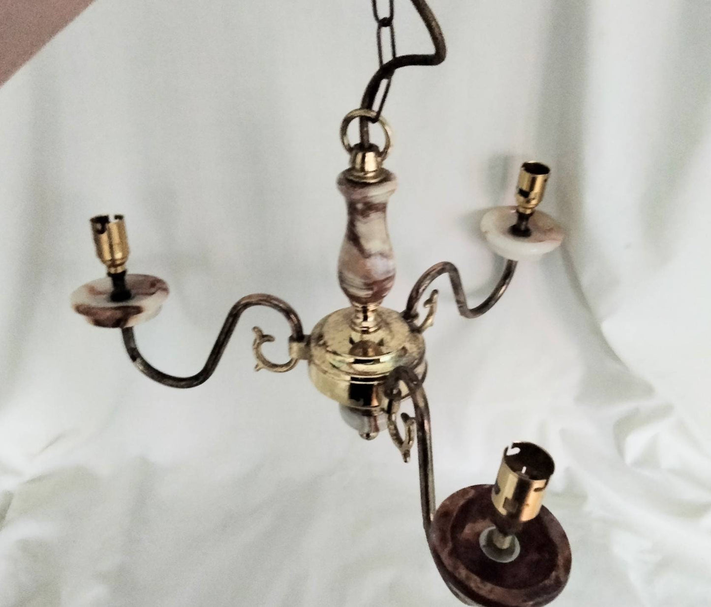 1970s green and orange onyx & brass 3 arm chandelier ceiling light