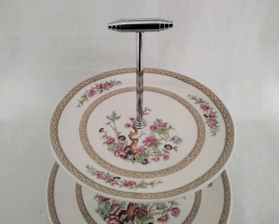 Mid century Swinnertons two tier cake stand with pink Chinese flower pattern