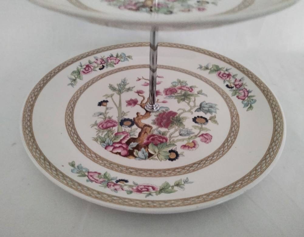 Mid century Swinnertons two tier cake stand with pink Chinese flower pattern