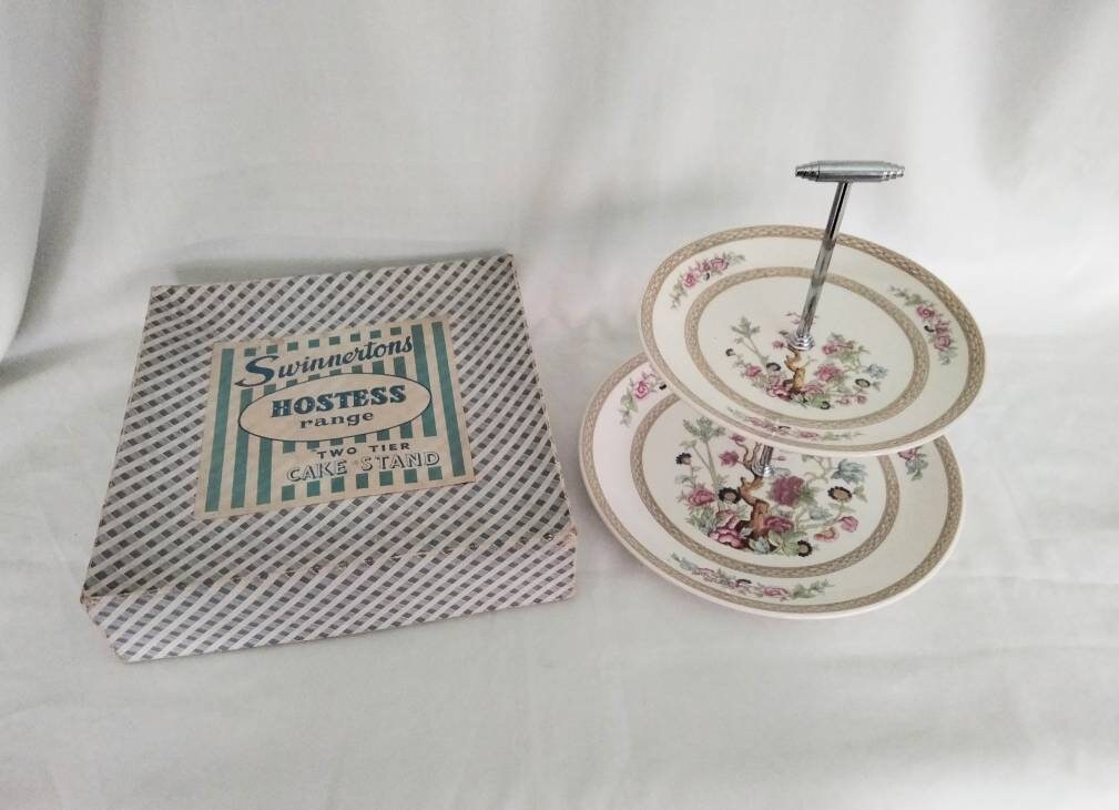 Mid century Swinnertons two tier cake stand with pink Chinese flower pattern