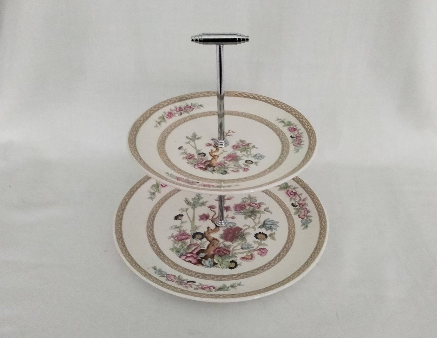 Mid century Swinnertons two tier cake stand with pink Chinese flower pattern