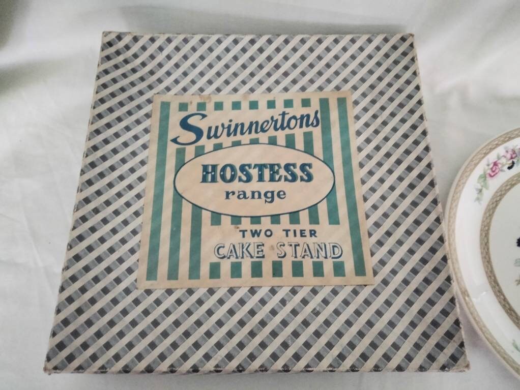 Mid century Swinnertons two tier cake stand with pink Chinese flower pattern
