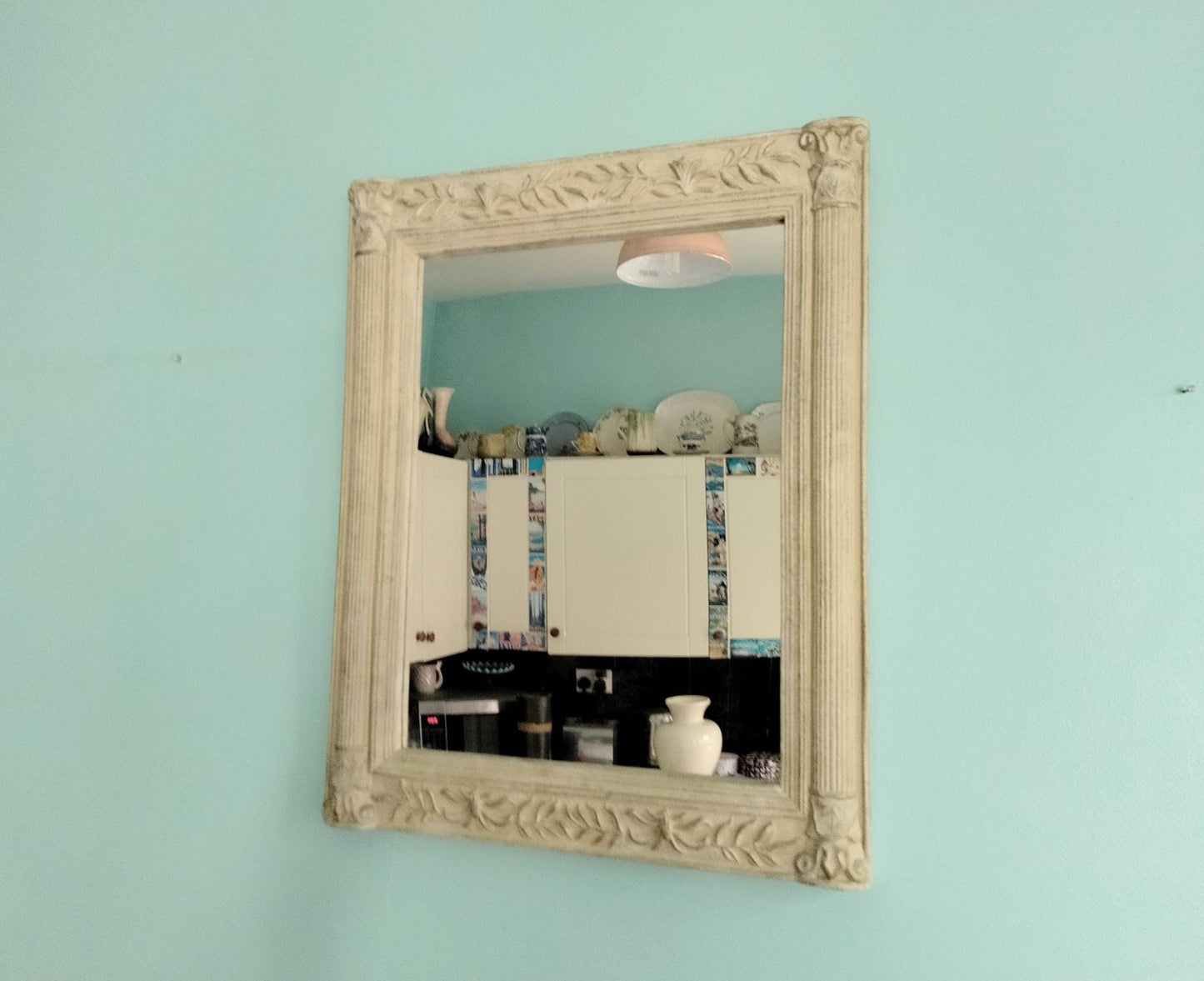Cream moulded framed wall mirror with column design 20"