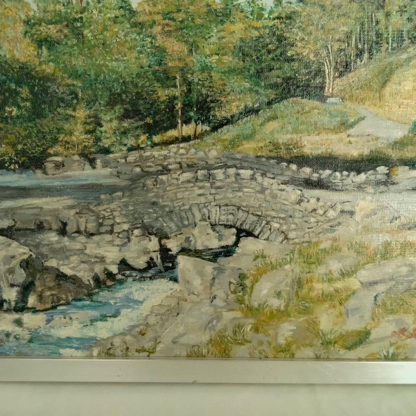 Mid century original oil painting of lake, mountains & bridge signed Preston