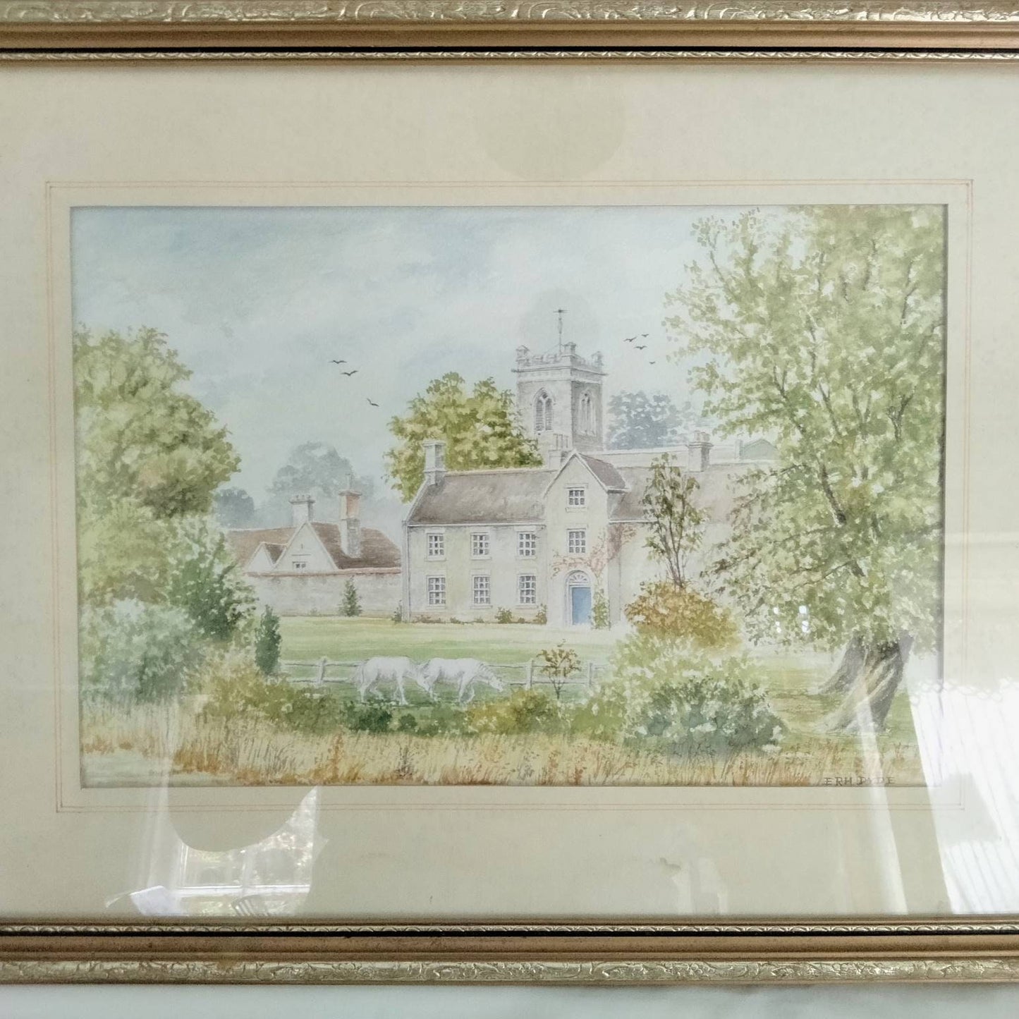 Vintage original watercolour painting of manor house church village landscape