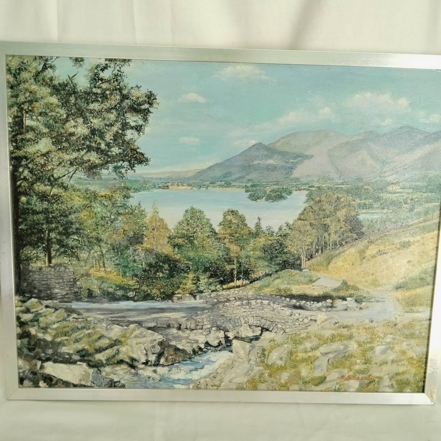 Mid century original oil painting of lake, mountains & bridge signed Preston