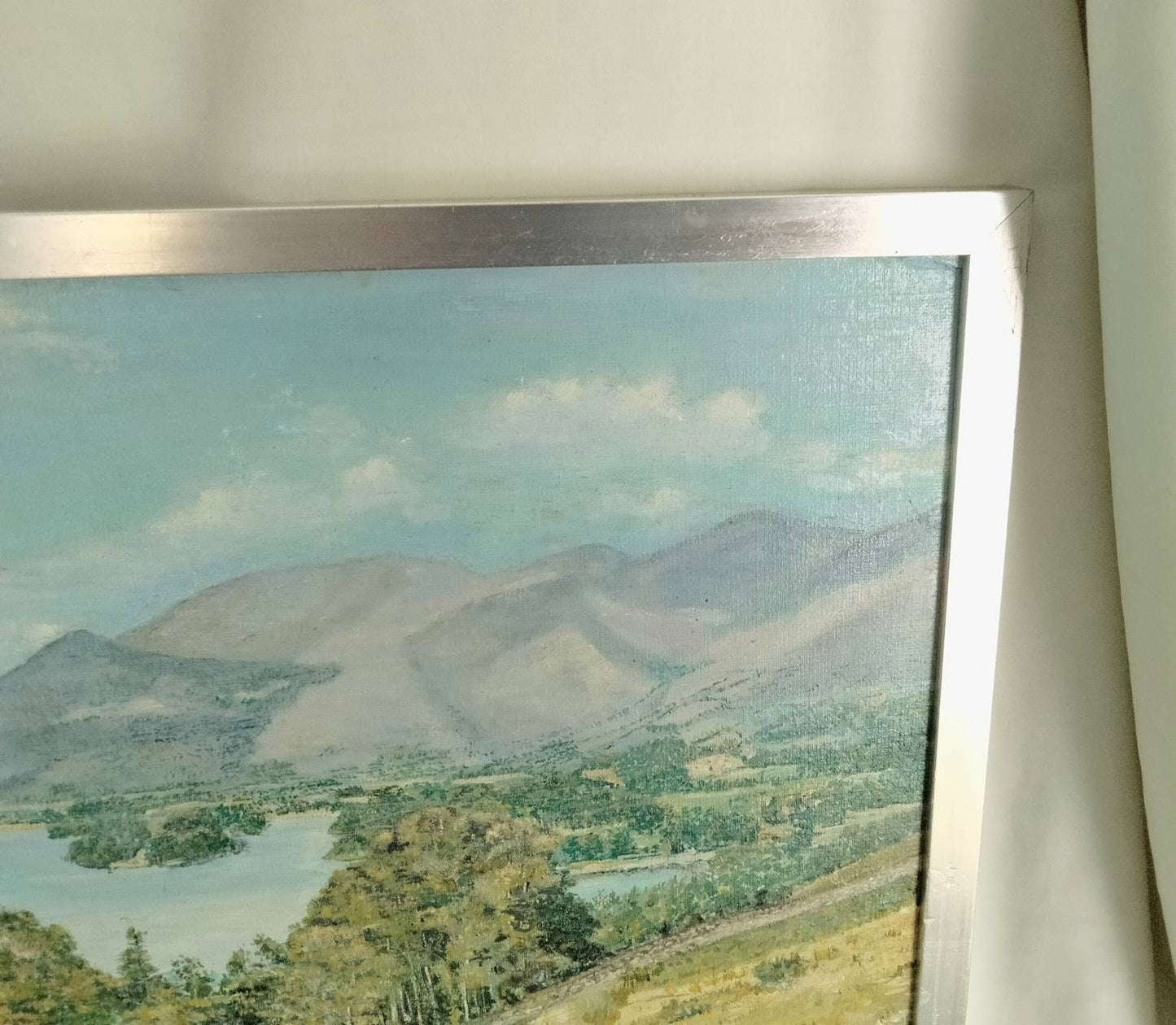 Mid century original oil painting of lake, mountains & bridge signed Preston