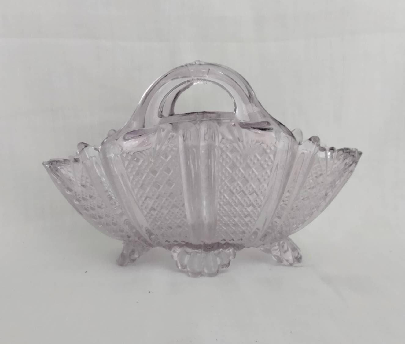 Victorian Davidson lilac tint pressed glass basket posy vase