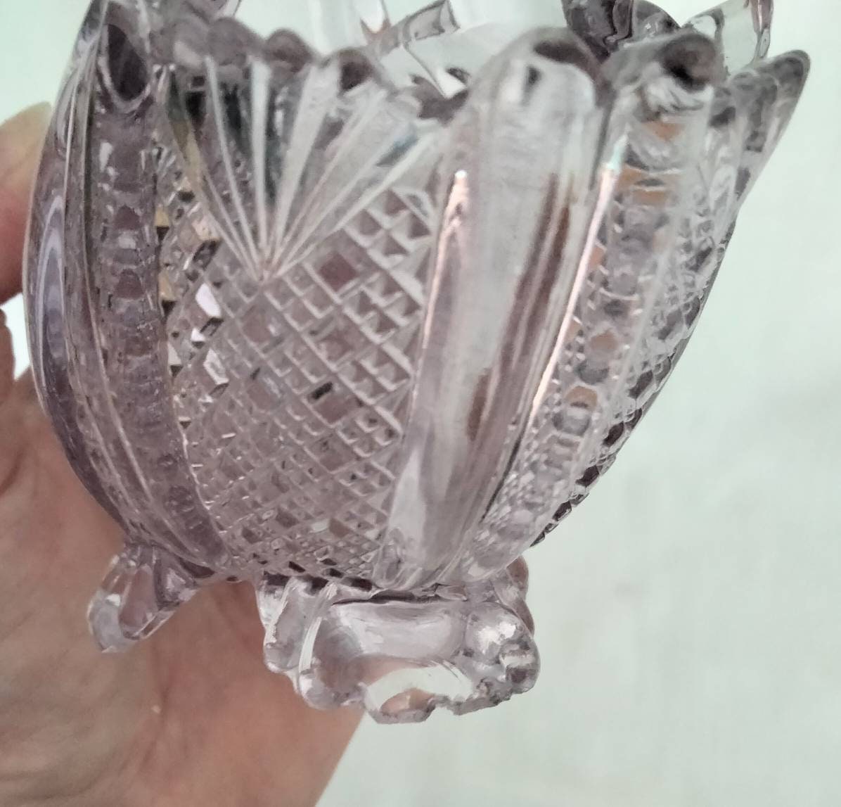 Victorian Davidson lilac tint pressed glass basket posy vase