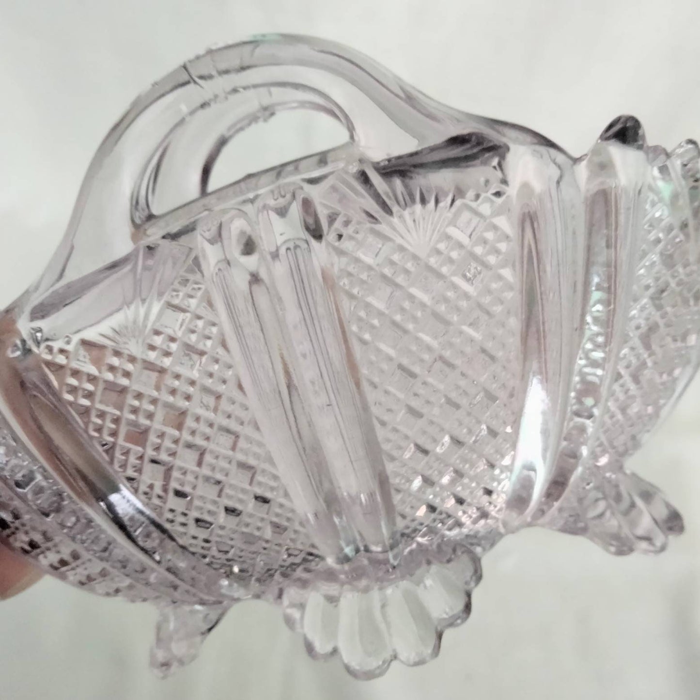 Victorian Davidson lilac tint pressed glass basket posy vase
