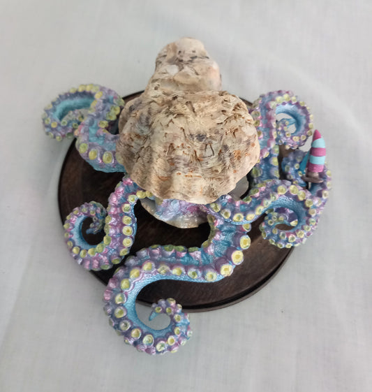 Hand made Blue & Pink Kraken Squid Octopus Statue On Wooden Base 6"