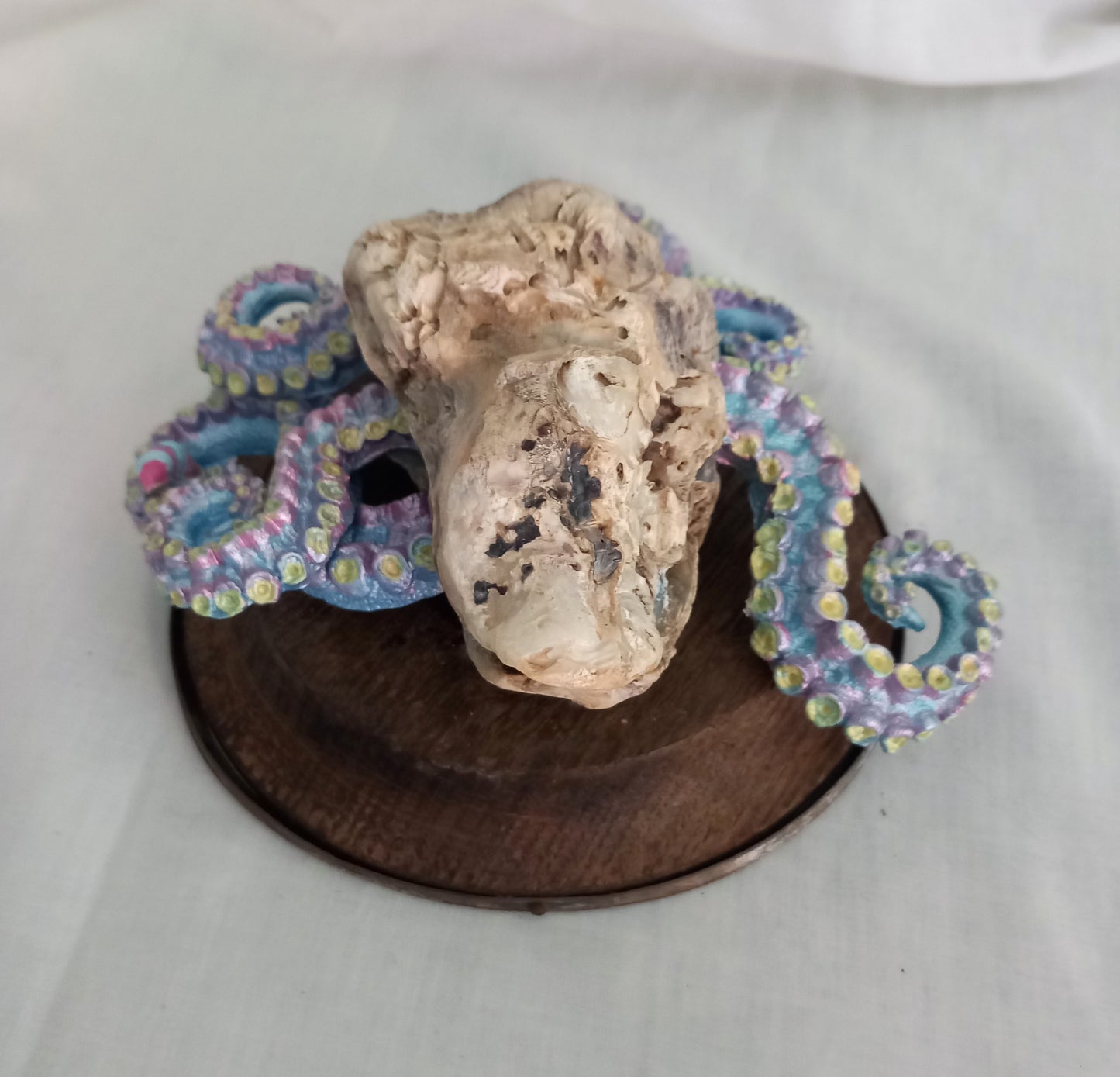 Hand made Blue & Pink Kraken Squid Octopus Statue On Wooden Base 6"