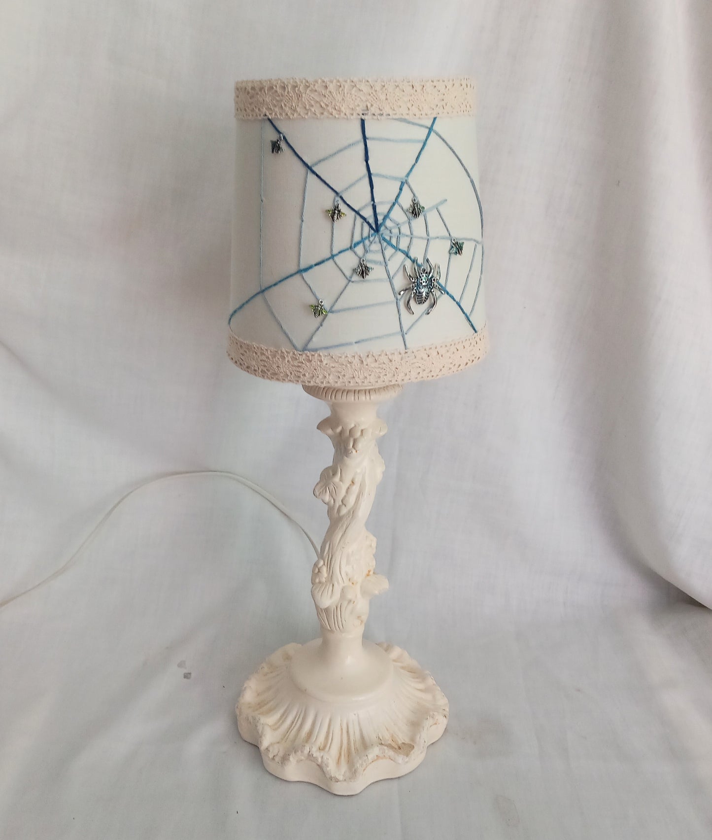 Hand made unique blue & cream white spider web lampshade 6"