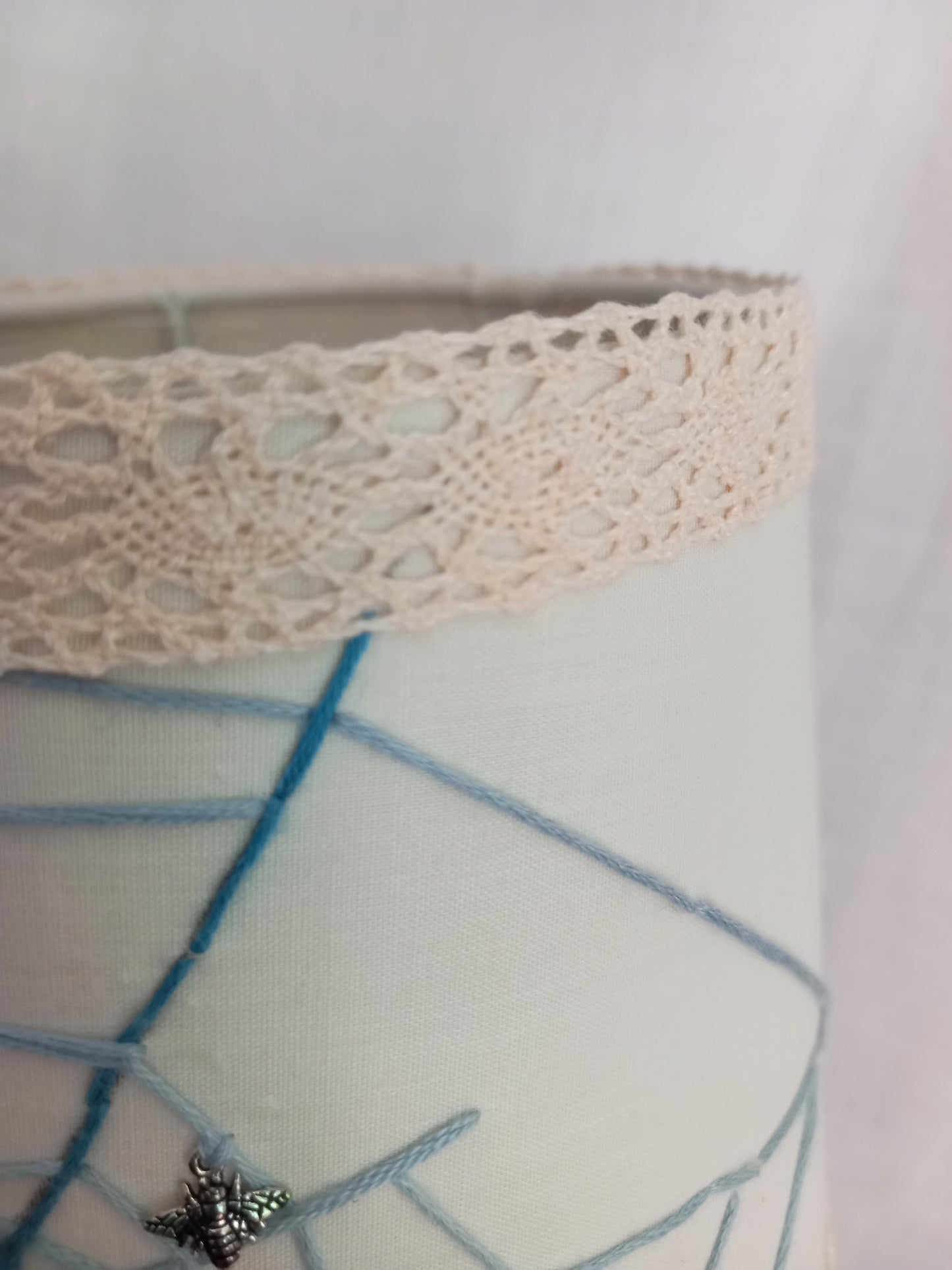 Hand made unique blue & cream white spider web lampshade 6"