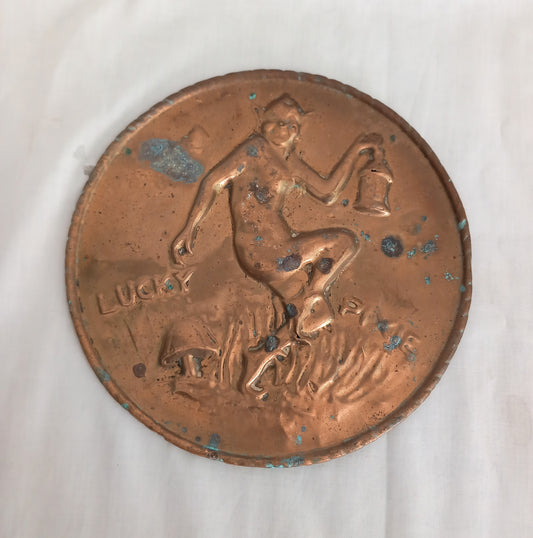 Vintage lucky pixie piskie brass copper textured wall hanging plaque 8"