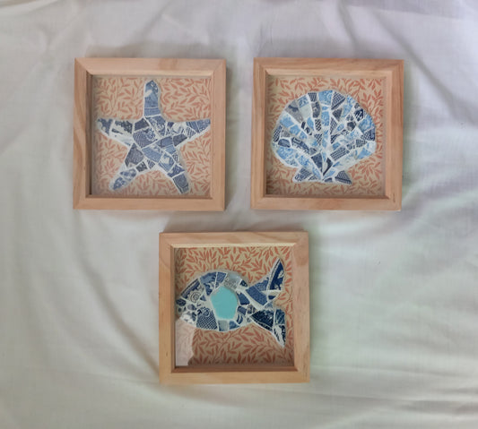 Hand made Blue & White Pottery Sherd Mosaic Sealife Wall Art Set Of 3