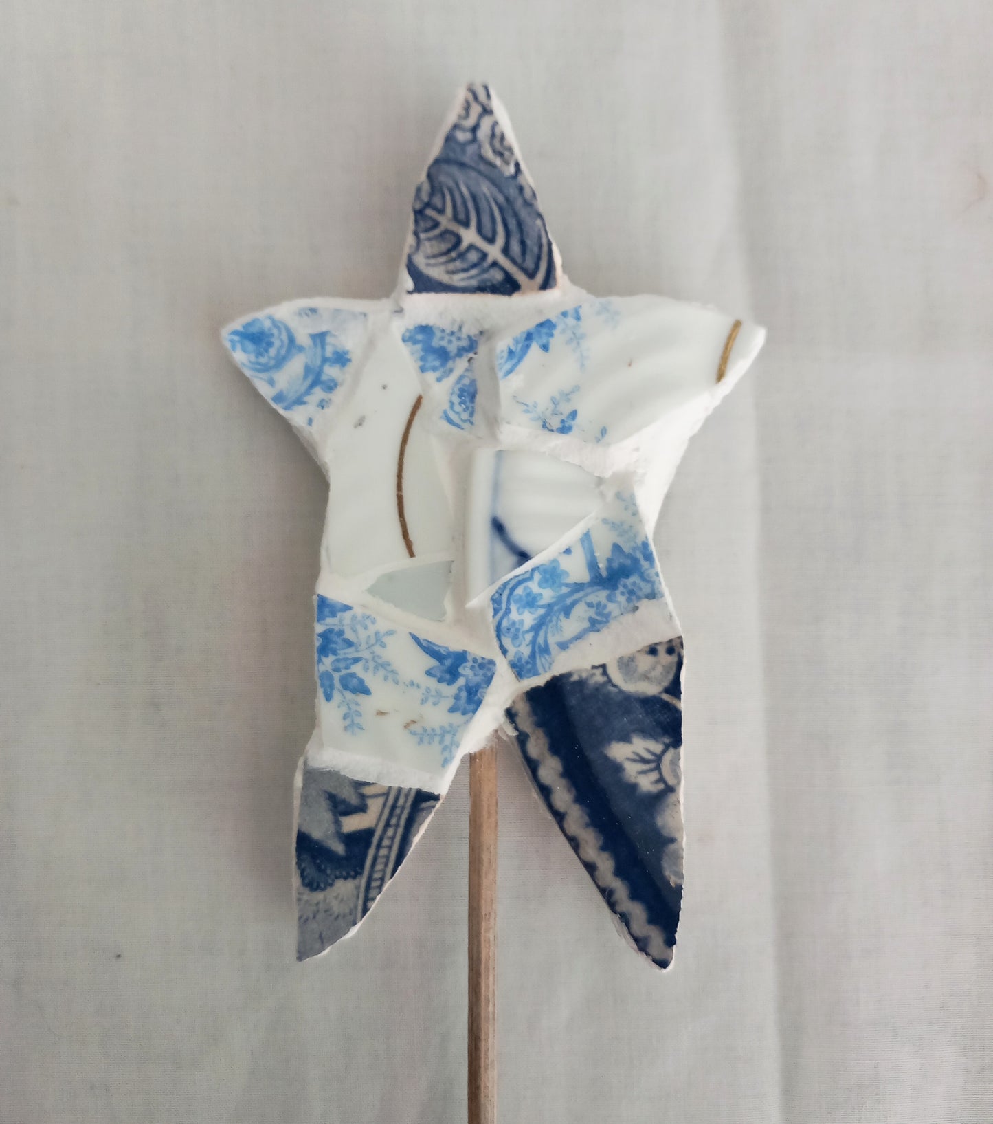 Hand made Blue & White Pottery Sherd Mosaic Star Decorative Plant Stake