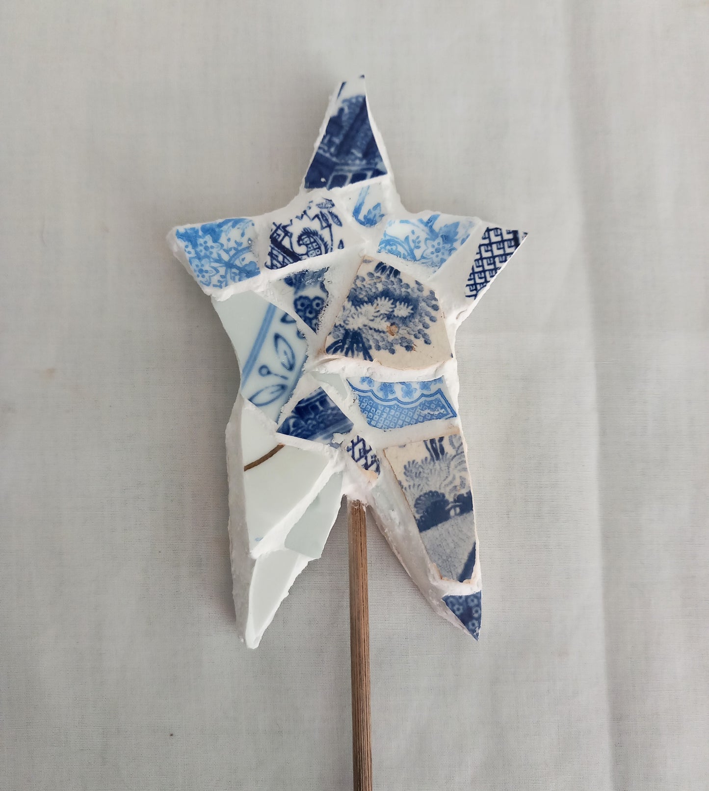 Hand made Blue & White Pottery Sherd Mosaic Star Decorative Plant Stake