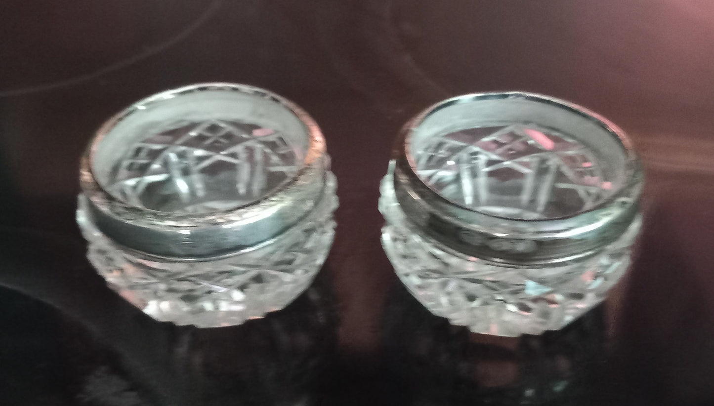 Pair Of Antique Hallmarked Silver Rimmed Clear Cut Glass Salt Cellars London 1921 & another single salt