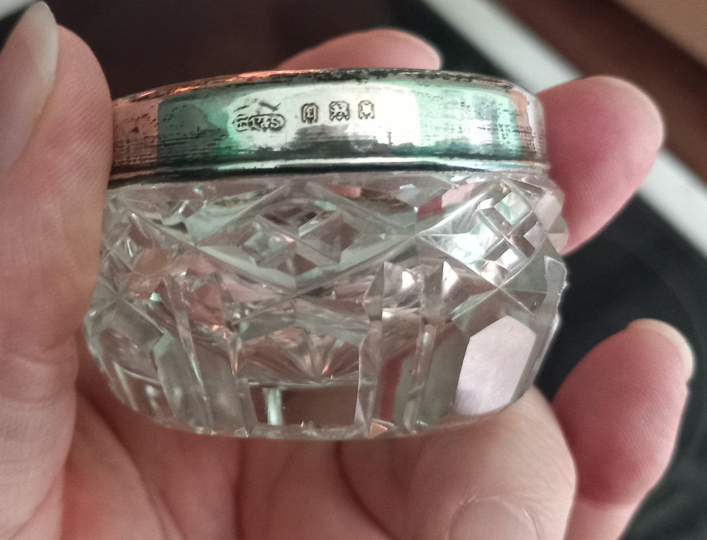 Pair Of Antique Hallmarked Silver Rimmed Clear Cut Glass Salt Cellars London 1921 & another single salt