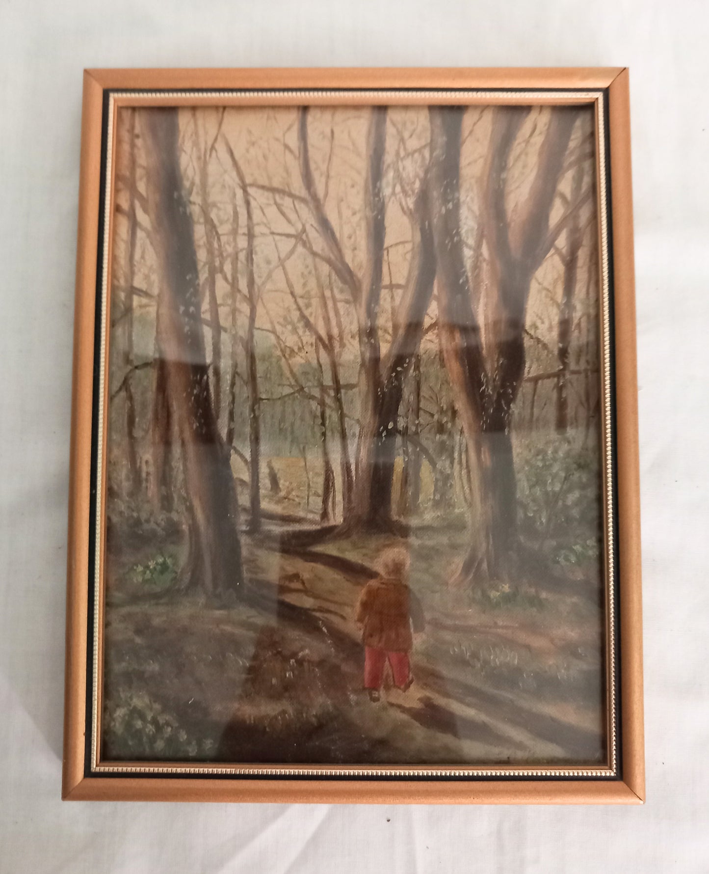 Vintage 1950s small oil painting of Small Child In Woods Forest Gold Frame 8.5"