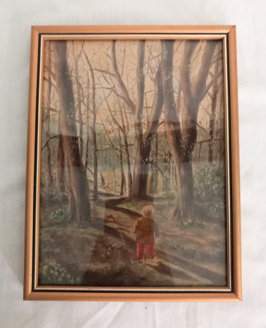 Vintage 1950s small oil painting of Small Child In Woods Forest Gold Frame 8.5"