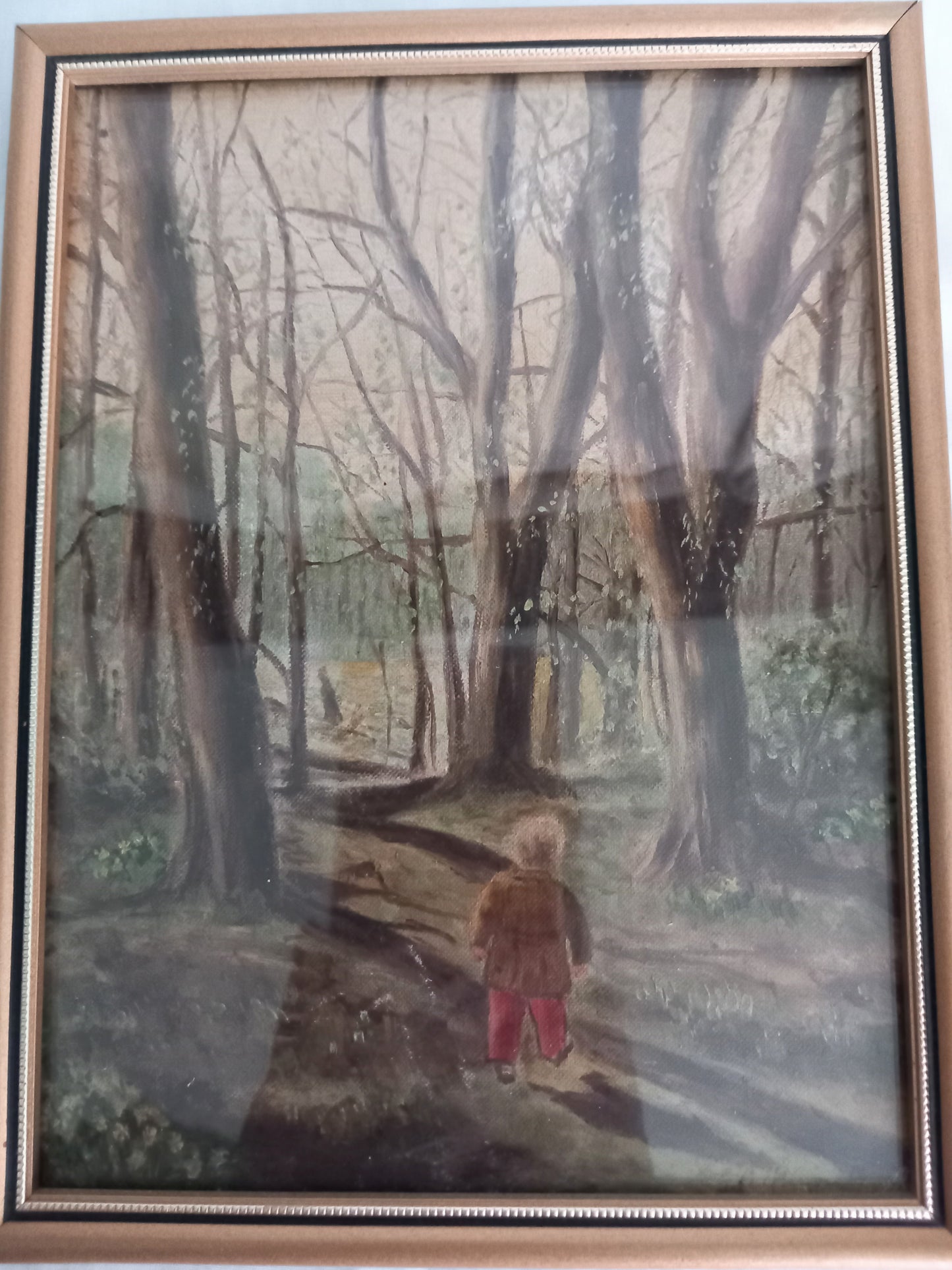 Vintage 1950s small oil painting of Small Child In Woods Forest Gold Frame 8.5"
