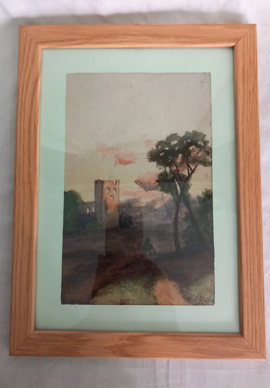 Framed Antique 1901 watercolour painting of a landscape & ruined building