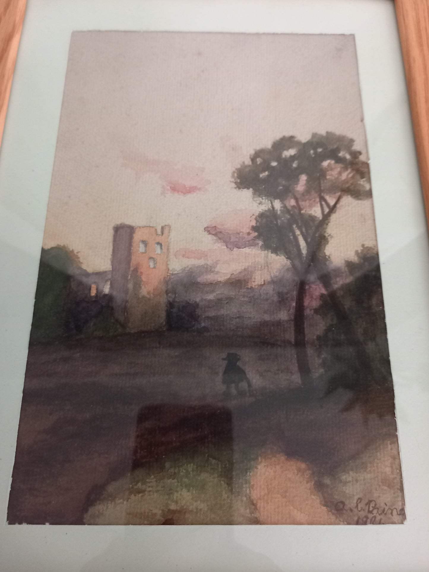 Framed Antique 1901 watercolour painting of a landscape & ruined building