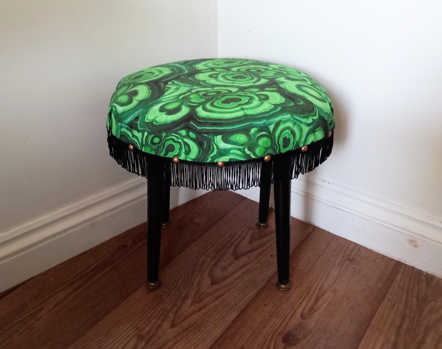 Mid century small stool reupholstered with green malachite fabric