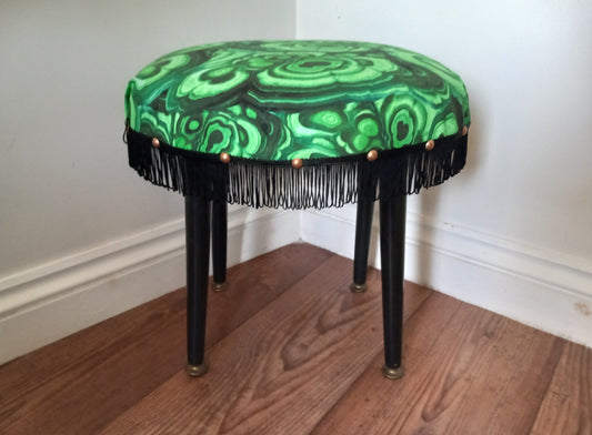 Mid century small stool reupholstered with green malachite fabric