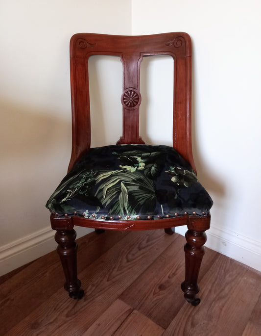 Victorian Mahoganay real wood chair reupholstered with blue House of Hackney velvet Limerence fabric