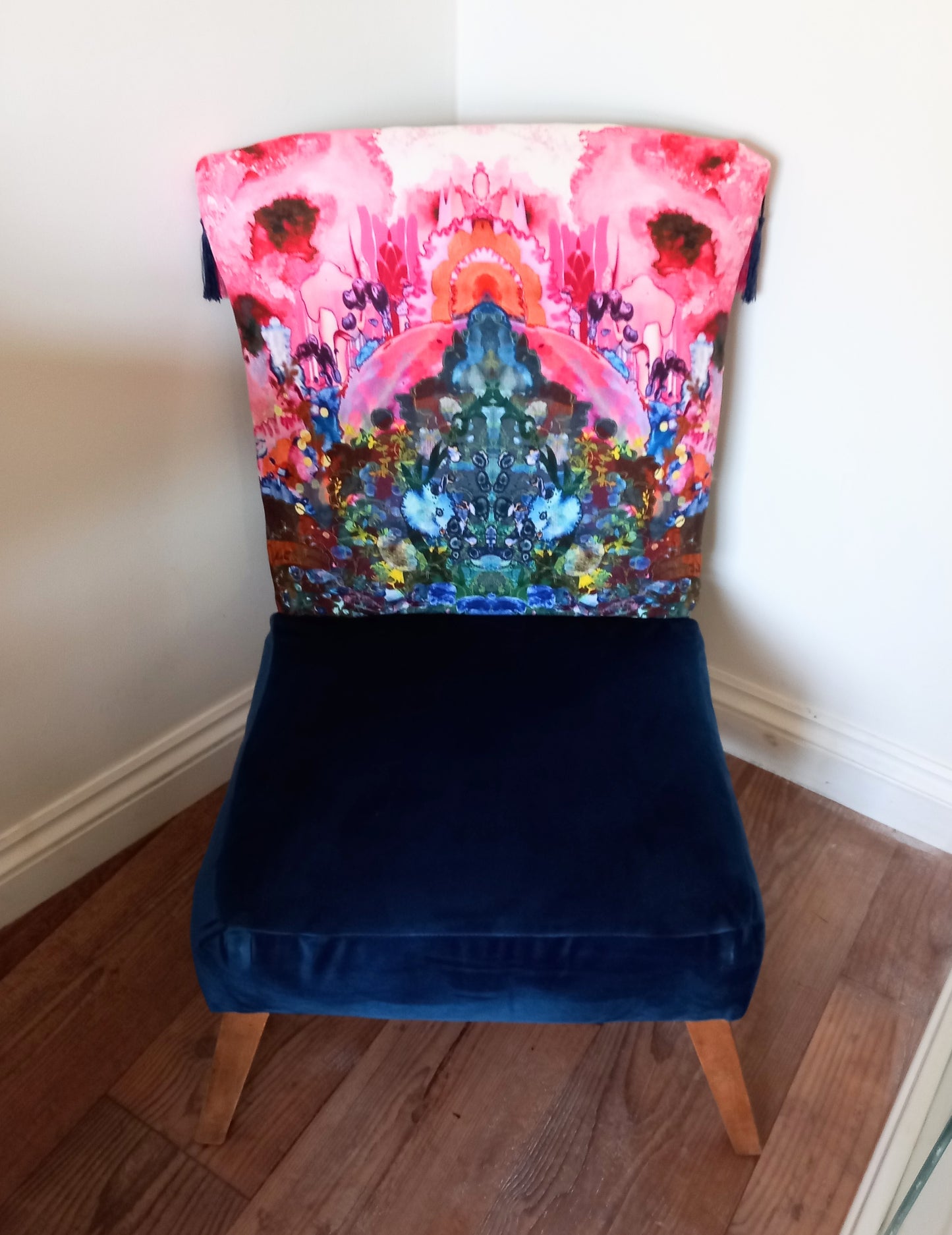 Mid century cocktail chair reupholstered with Timorous Beasties Thunder Blotch fabric & blue velvet