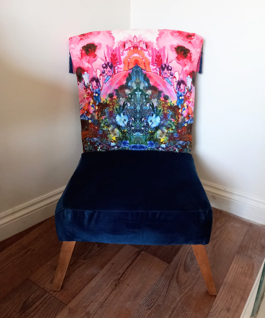 Mid century cocktail chair reupholstered with Timorous Beasties Thunder Blotch fabric & blue velvet