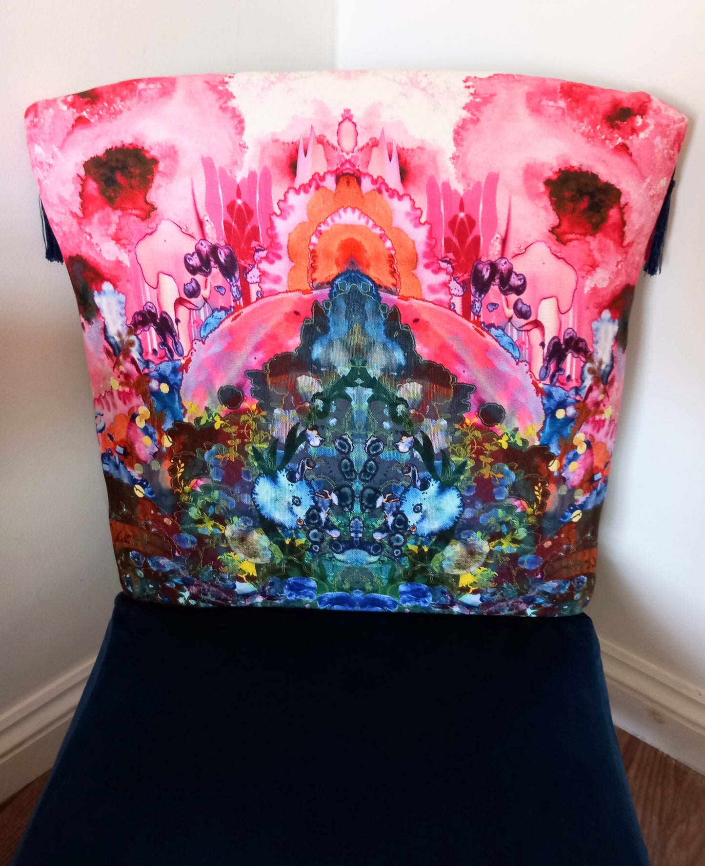 Mid century cocktail chair reupholstered with Timorous Beasties Thunder Blotch fabric & blue velvet