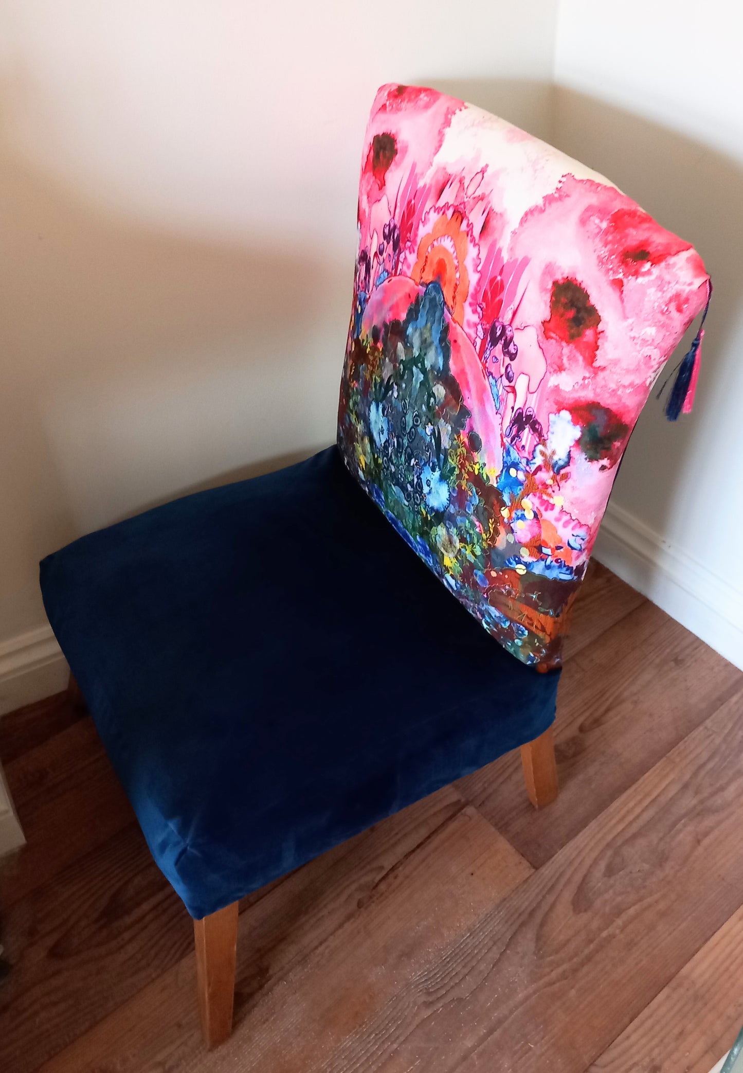 Mid century cocktail chair reupholstered with Timorous Beasties Thunder Blotch fabric & blue velvet