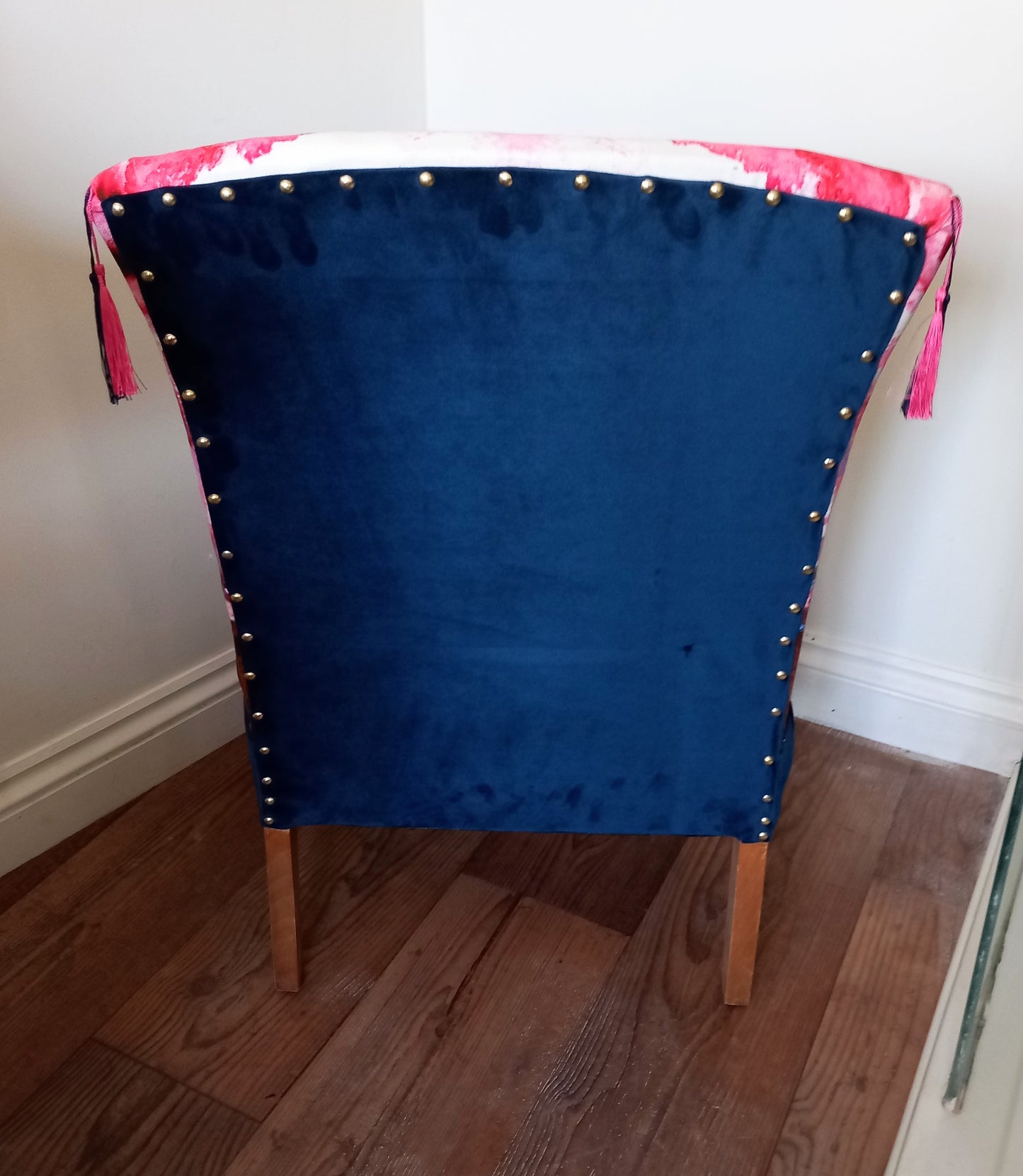 Mid century cocktail chair reupholstered with Timorous Beasties Thunder Blotch fabric & blue velvet