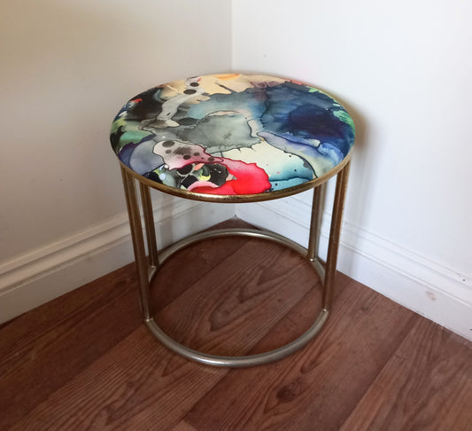 1970s tubular brass stool reupholstered with Timorous Beasties Kaleidosplatt fabric