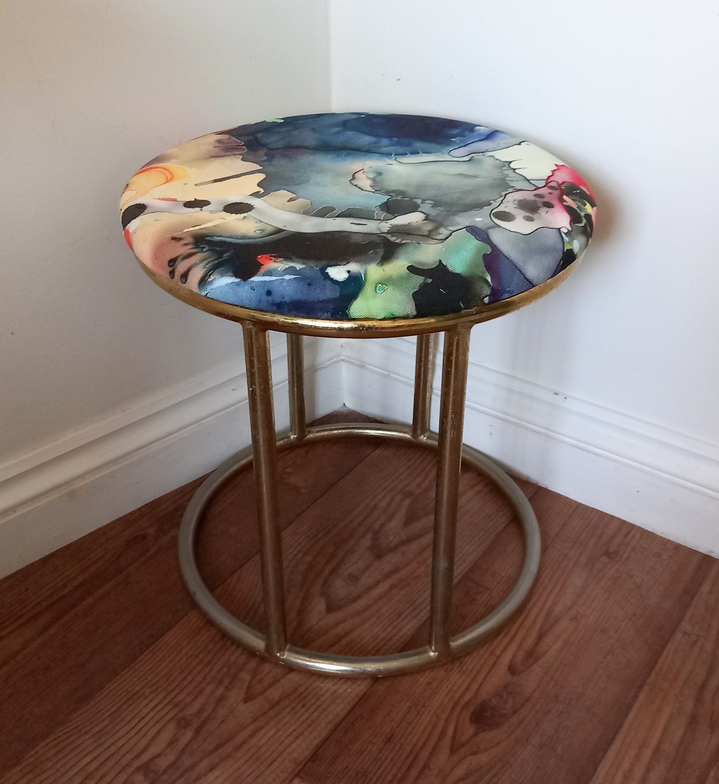 1970s tubular brass stool reupholstered with Timorous Beasties Kaleidosplatt fabric