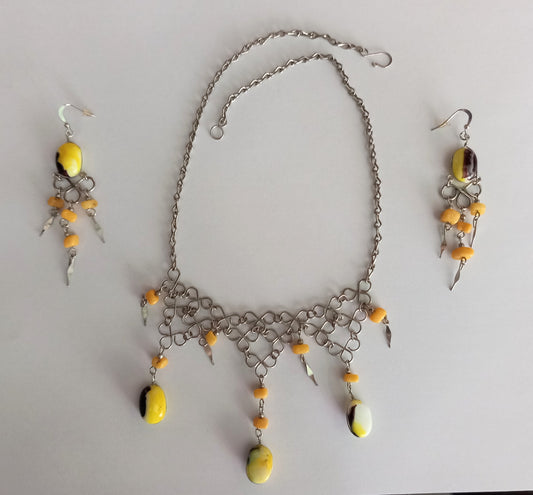 Yellow glass bead & semi precious stone necklace and earrings set