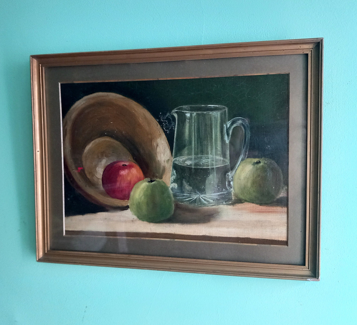 Antique oil painting of still life with pancheon bowl, apples and water jug 17"