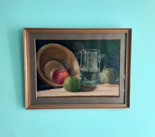 Antique oil painting of still life with pancheon bowl, apples and water jug 17"