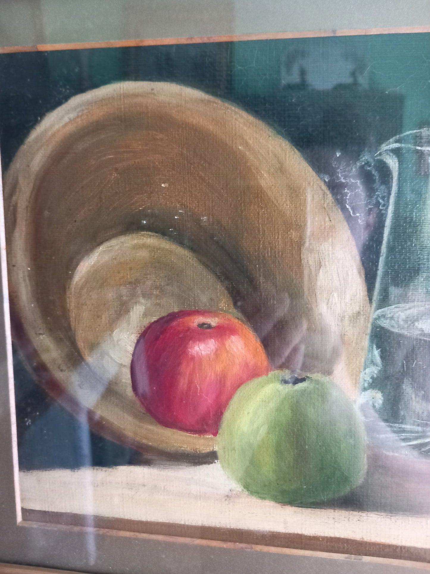 Antique oil painting of still life with pancheon bowl, apples and water jug 17"