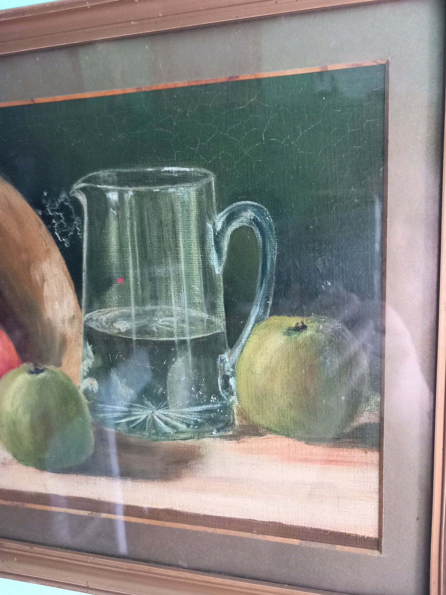 Antique oil painting of still life with pancheon bowl, apples and water jug 17"